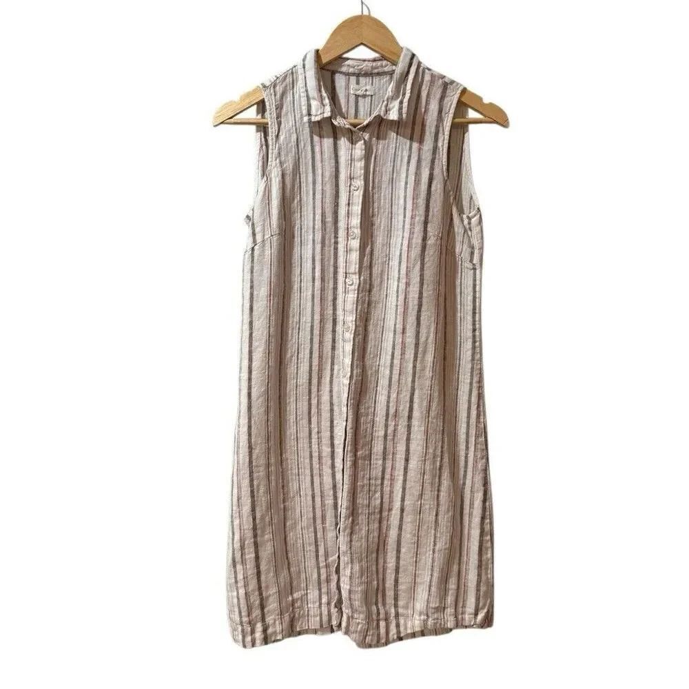 Garnet Hill Women’s Stripe Linen Shirt Dress 4 Sleeveless Button Front Lagenlook